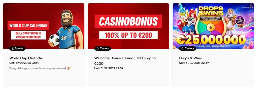 Sectie met promoties en beloningen voor casino spelers